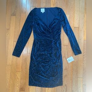 blue floral paisley velvet king sleeve formal dress